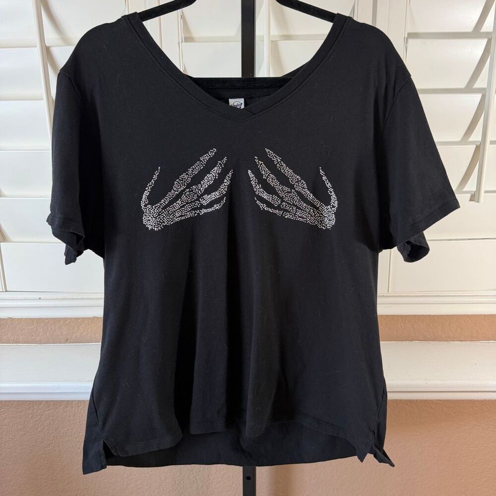 Vintage Kavio Women’s Black Rhinestone Skeleton Hands Black Shirt Sz 2XL Mcbling